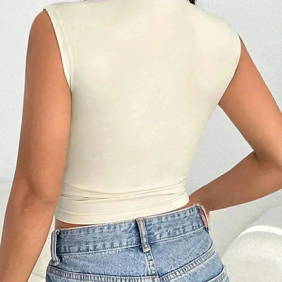 Beige Casual Women's Funnel Neck Ruched Tank Top - Picture 4 of 5